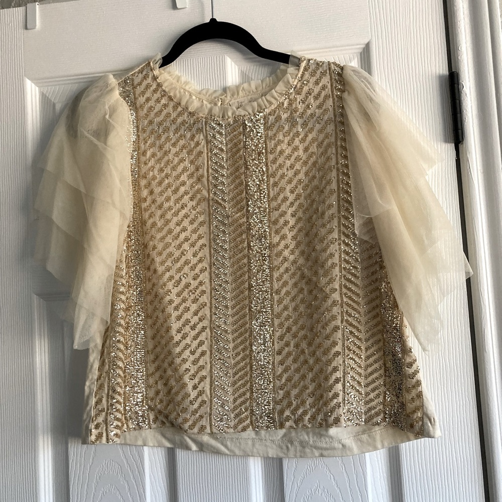 Let Me Be Anthropologie Tulle Sleeve Sparkly Blouse